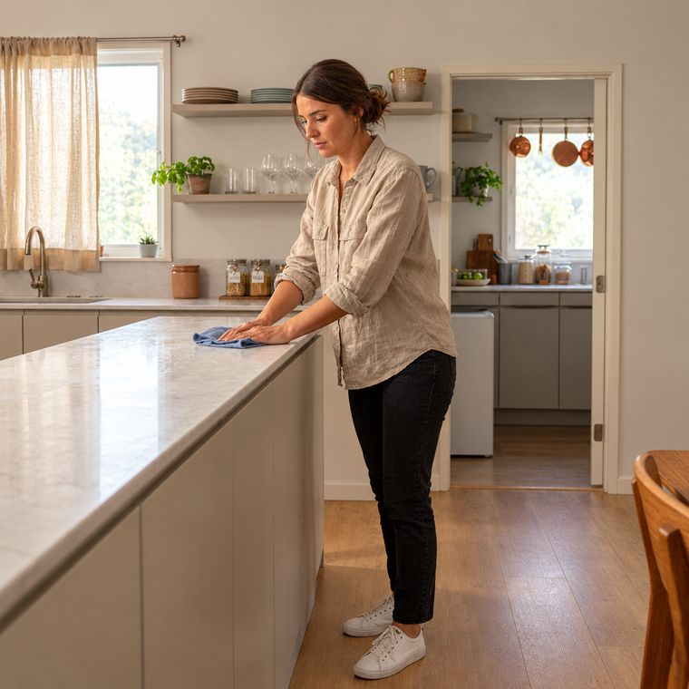 A cleaner wiping down a marble kitchen island with a cloth